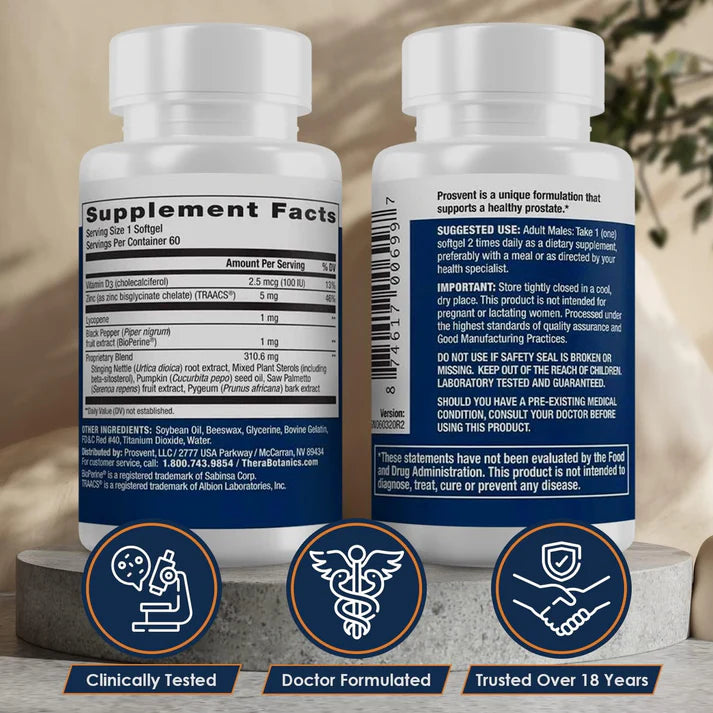 PROSVENT Suplemento natural avanzado de apoyo de próstata para hombres con palma enana, vitamina D y zinc para aliviar la frecuencia y urgencia urinarias (60 unidades)