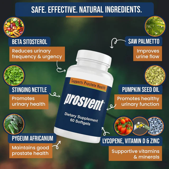 PROSVENT Suplemento natural avanzado de apoyo de próstata para hombres con palma enana, vitamina D y zinc para aliviar la frecuencia y urgencia urinarias (60 unidades)